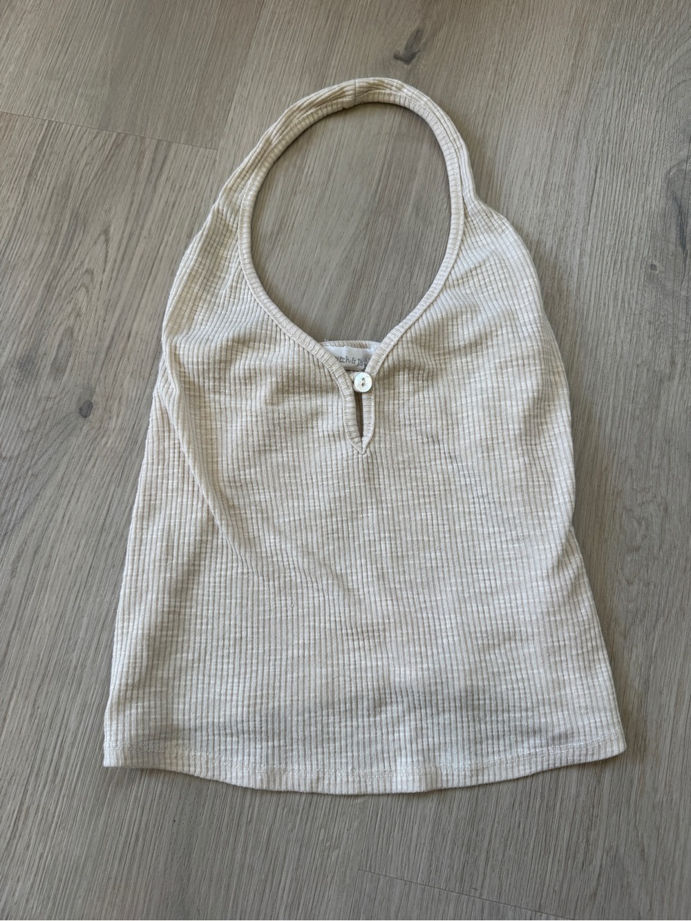 Y2K Ribbed Halter Tank with Button Keyhole in Cream